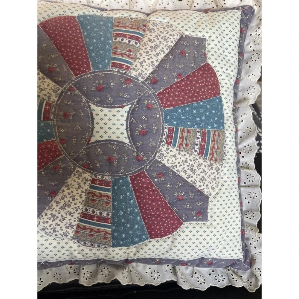 VTG Throw Pillow Handmade Granny's Trunk Quilt Calico Square 18 X 18 Ruffle Lace